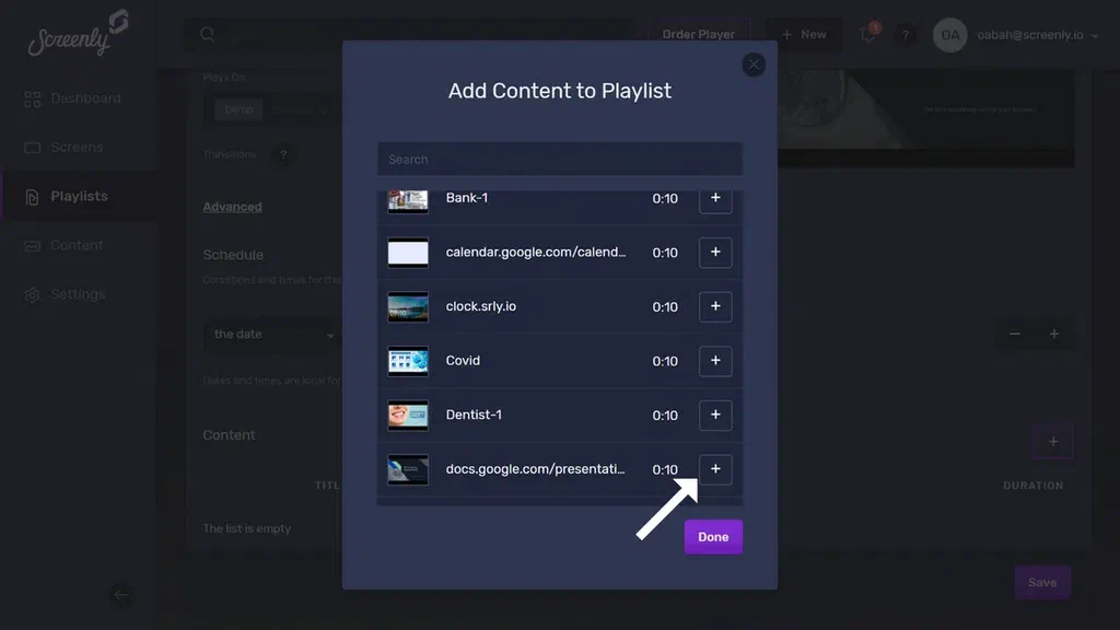 The popup modal to add the Google Slides content to playlist.