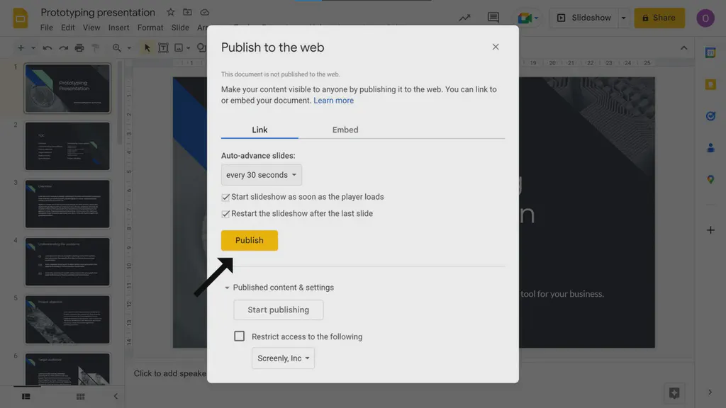 A popup modal showing the Google Slides publishing settings and publish button
