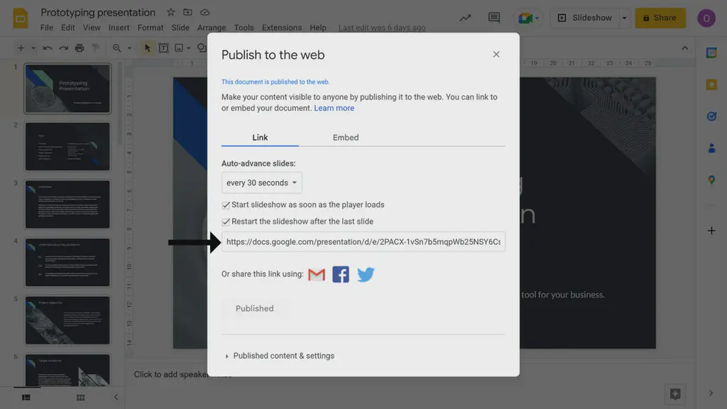 A popup modal showing the Google Slides publish to web URL