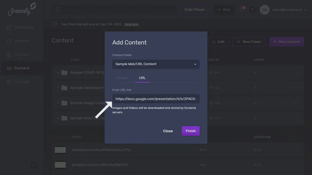 The popup modal to add the Google Slides URL as a new content item.