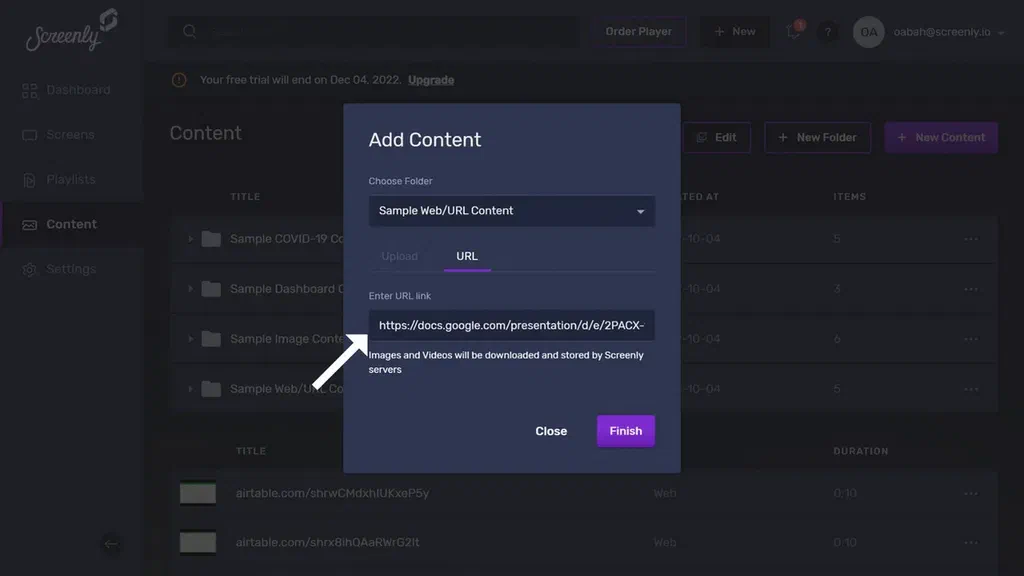 The popup modal to add the Google Slides URL as a new content item.