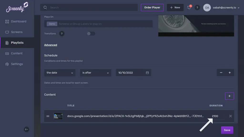 The popup modal to set the duration for the Google Slides content in the playlist.