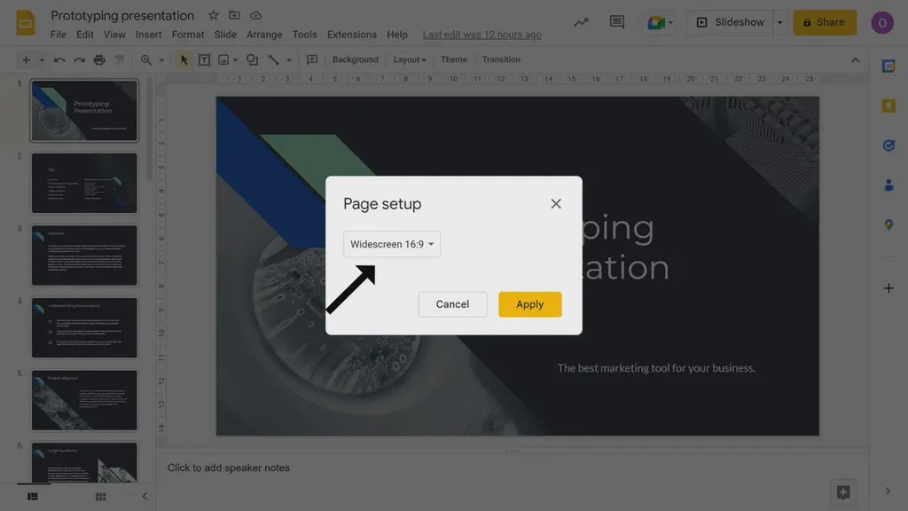 A pop-up modal showing the Google Slides dimension.