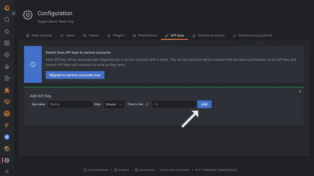 The Grafana API keys page