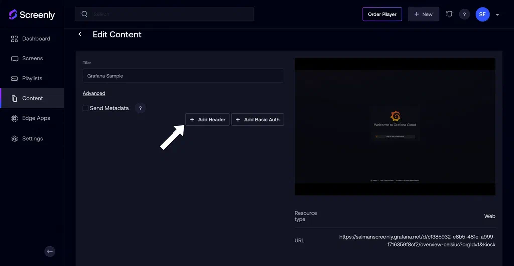 The content configuration page to add authorization headers