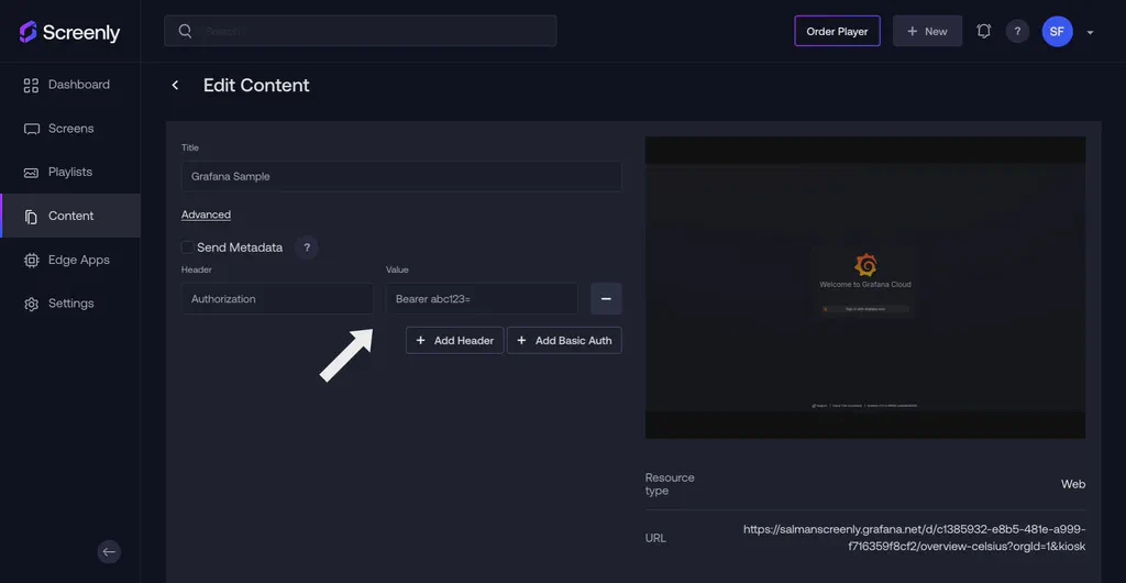 The content configuration page showing input fields for authorization headers