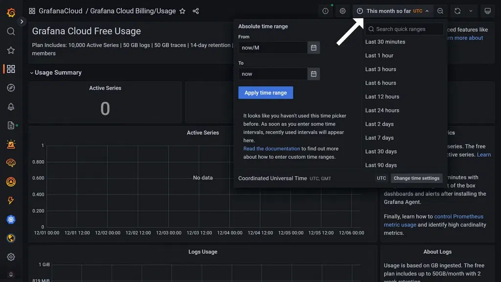 Menu showing timeranges that can be set for grafana dashboard