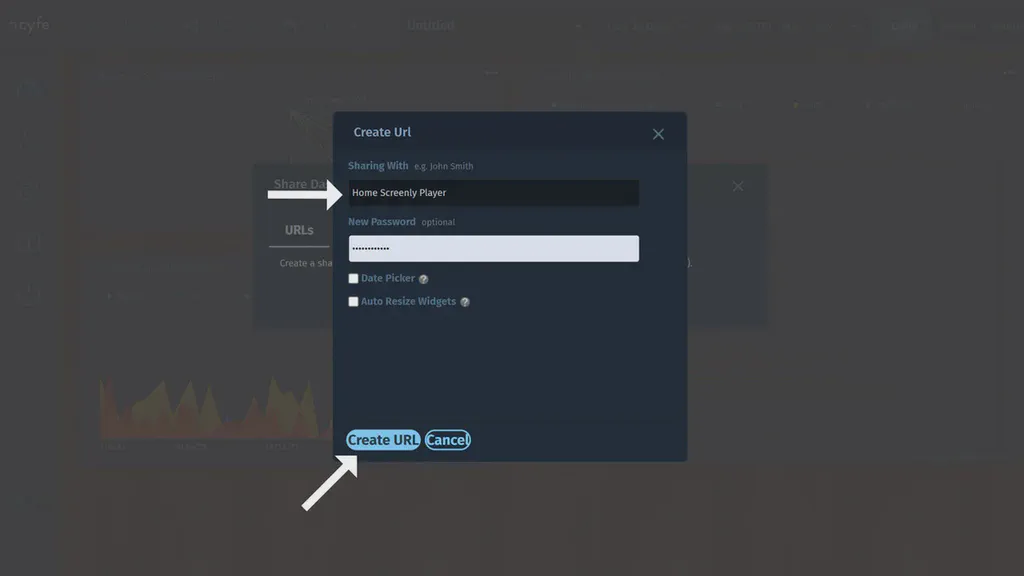 Pop-up modal in cyfe with input fields for dashboard share link details