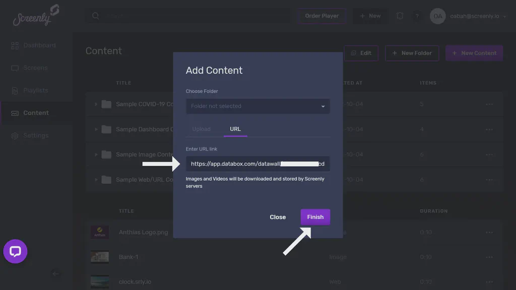The popup modal to add the Databox databoard URL as a new content item.