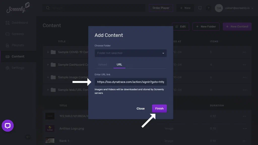 The popup modal to add the Dynatrace dashboard URL as a new content item.