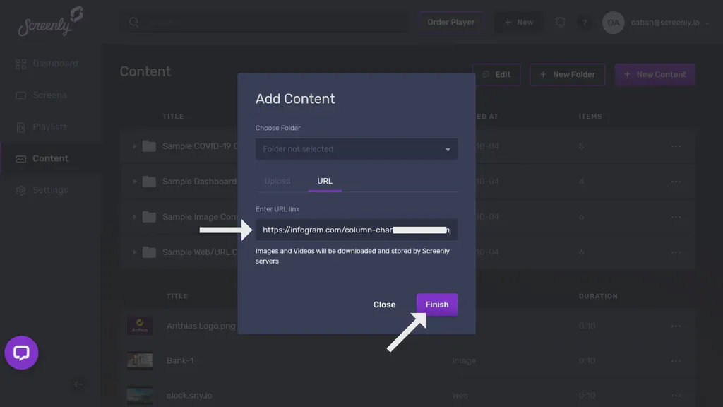 The popup modal to add the Infogram dashboard URL as a new content item.