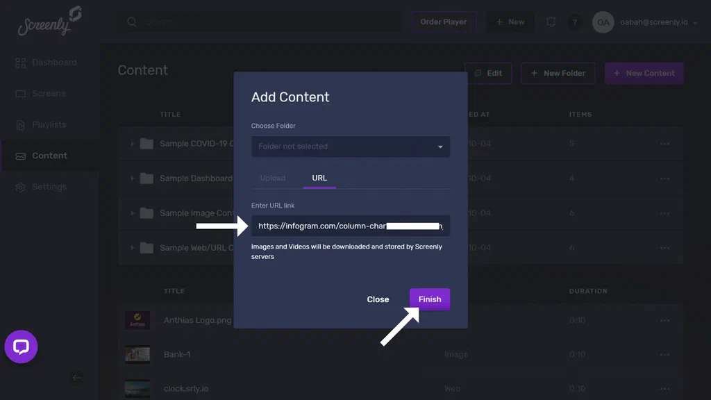 The popup modal to add the Infogram dashboard URL as a new content item.
