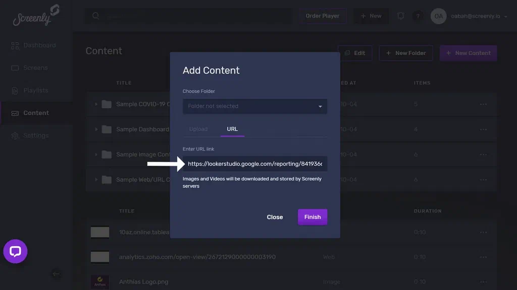 The popup modal to add the Looker dashboard URL as a new content item.