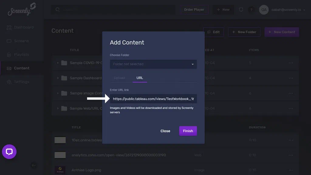 The popup modal to add the Tableau dashboard URL as a new content item.