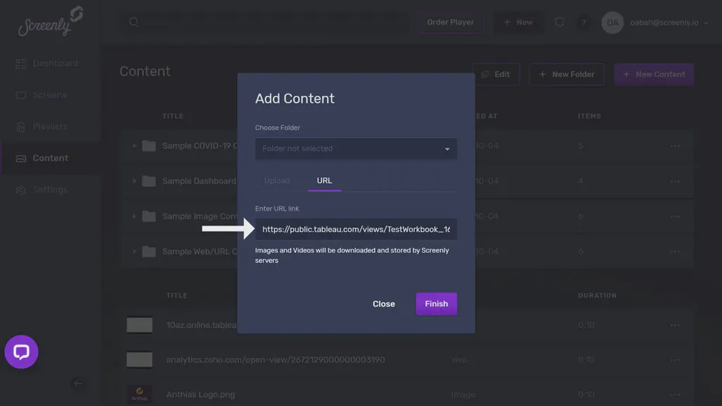 The popup modal to add the Tableau dashboard URL as a new content item.