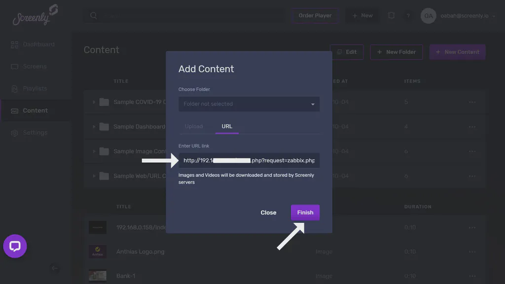 The popup modal to add the Zabbix dashboard URL as a new content item.