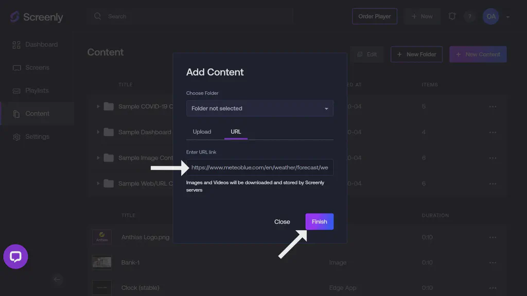 The popup modal to add the meteotv URL as a new content item.