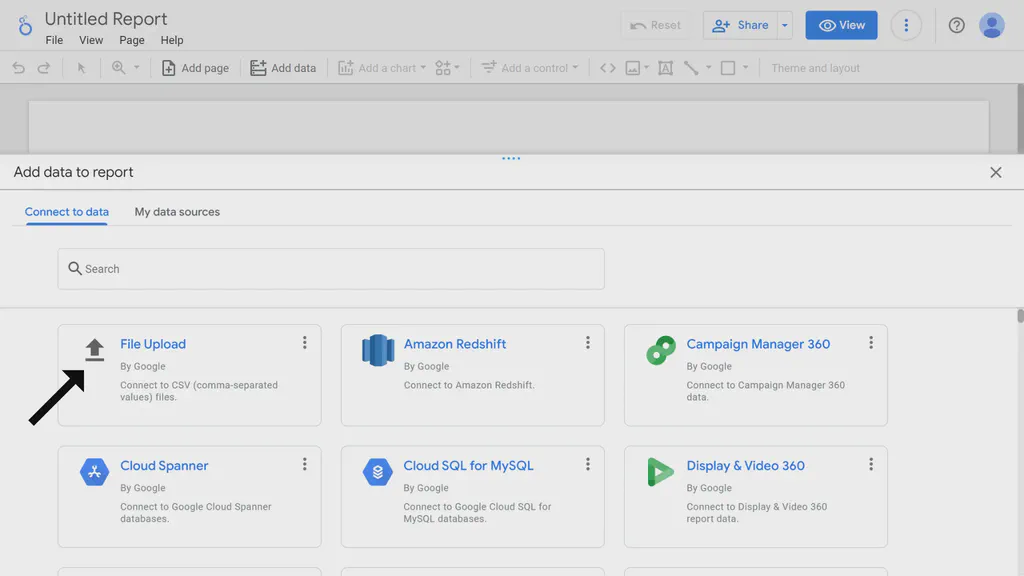 An image showing looker page with data sources for creating reports including the File Upload option