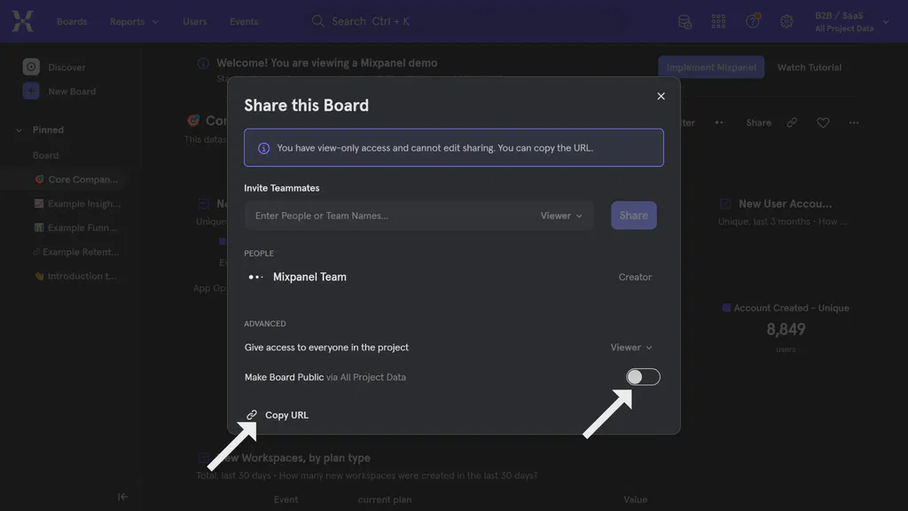 A data dashboard from Mixpanel showing sharing settings in a pop-up modal.
