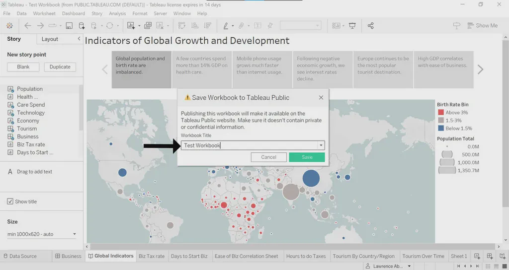 An image showing the Tableau workbook with a pop-up modal to name the public workbook
