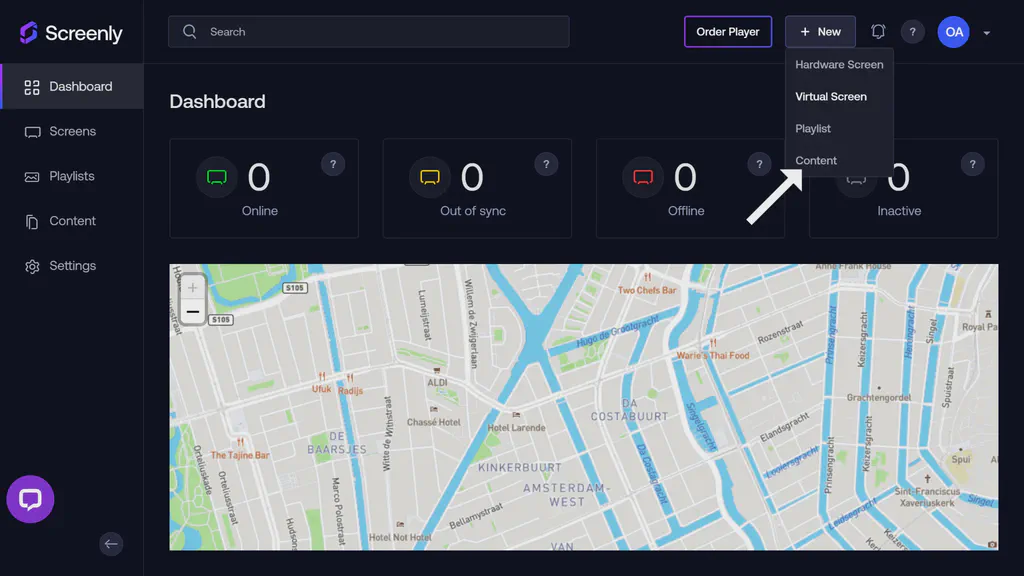 The + New Content button on the Screenly home page