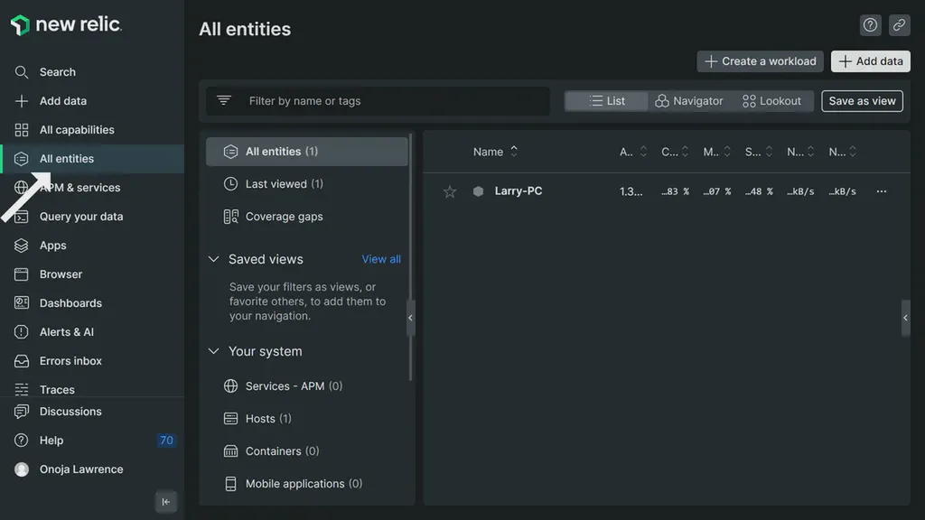 An image showing all user's New Relic entities with the left side-menu open