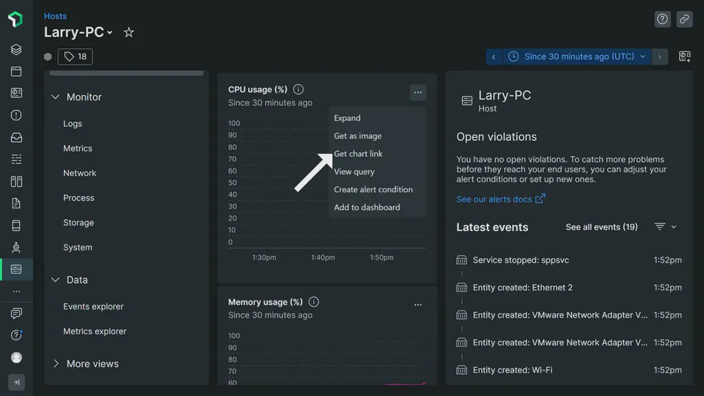 An image showing chart options for a selected New Relic chart