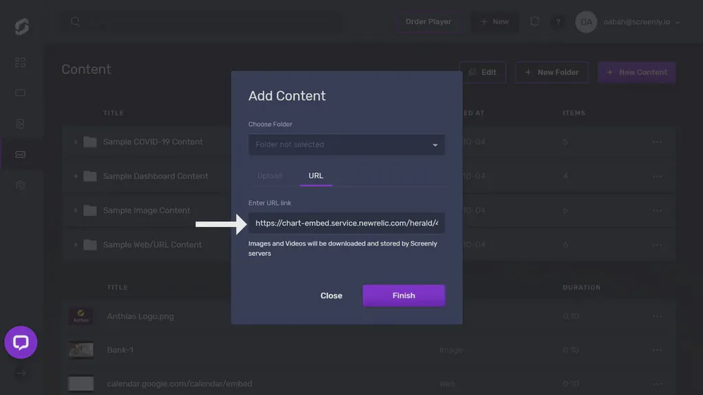 The popup modal to add the New Relic dashboard URL as a new content item.