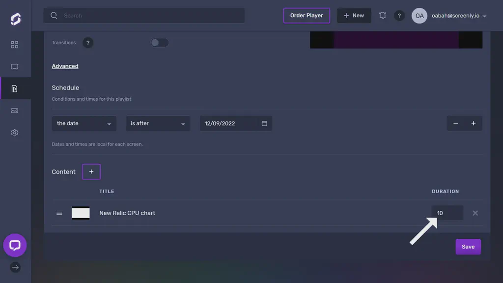 The popup modal to set the duration for the New Relic dashboard content in the playlist