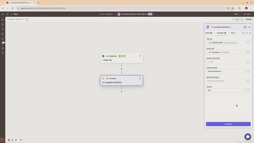 The OneDrive app configure stage in Zapier.