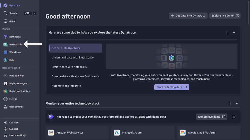 Dynatrace account page with left-side menu open
