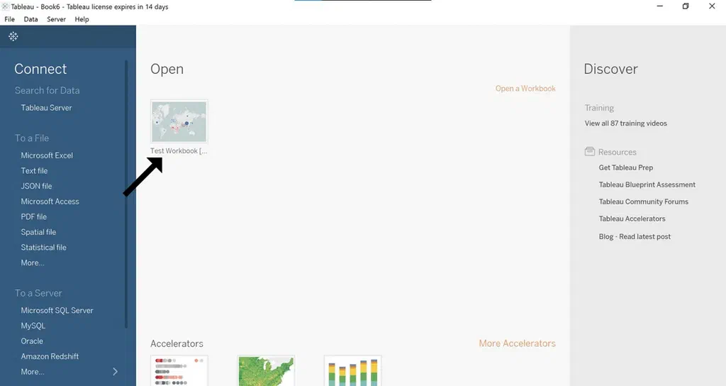 An image showing the Tableau app with workbooks and the left side-menu open