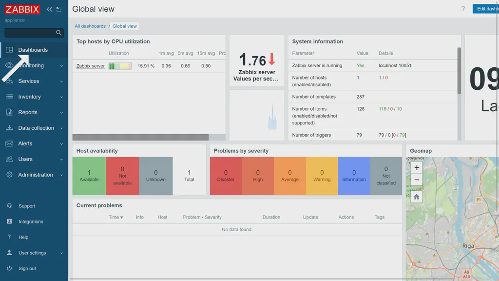 Zabbix account page with left-side menu open