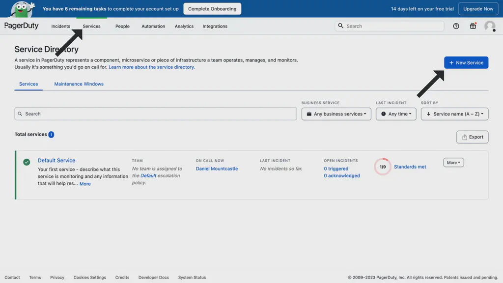The PagerDuty Services setup page.