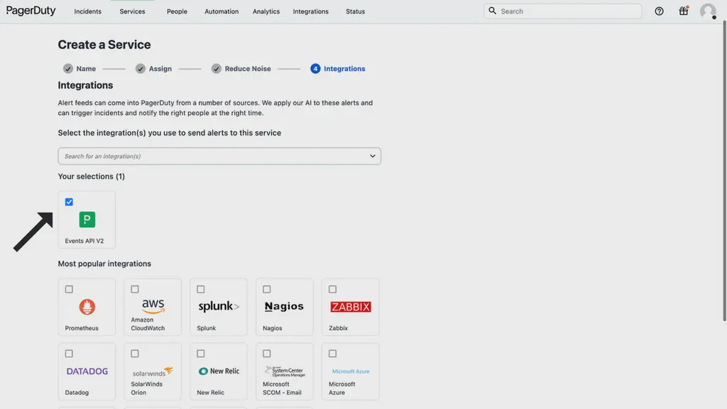 The PagerDuty Services Integrations page.