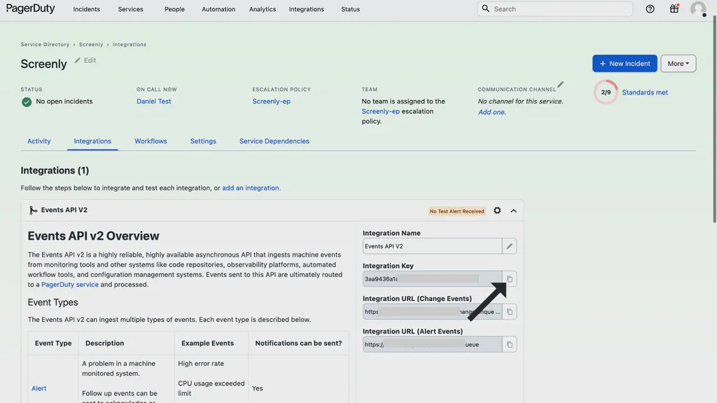 The PagerDuty Integrations page with the Integration Key featured.