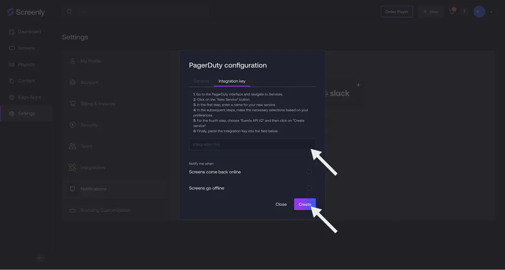 The Screenly interface with the PagerDuty integration setup menu