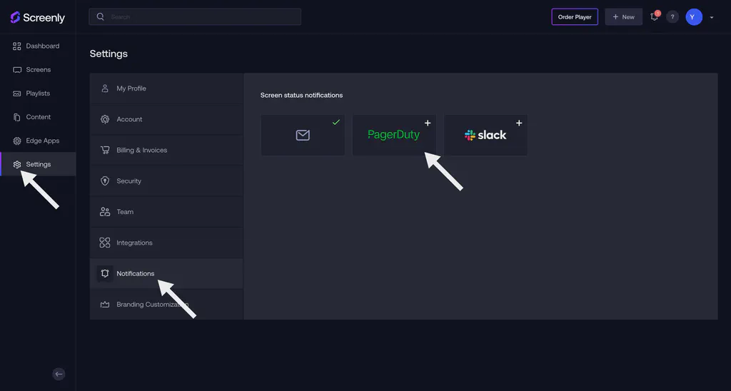 The Screenly interface with the PagerDuty integration.