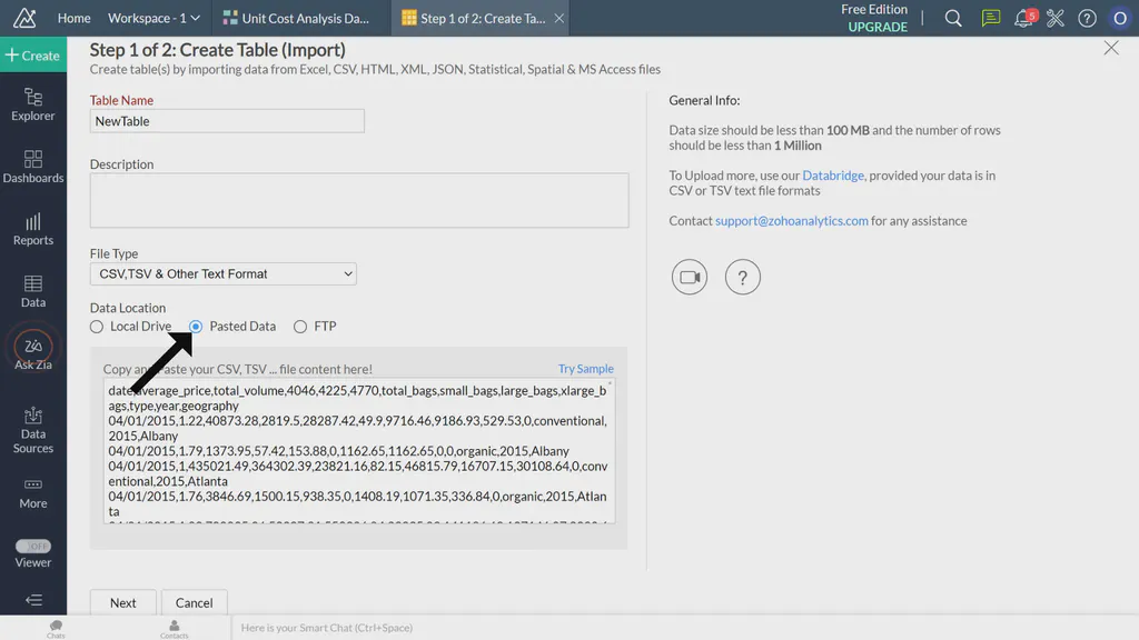 An image showing a Zoho analytics page with form for csv file upload options