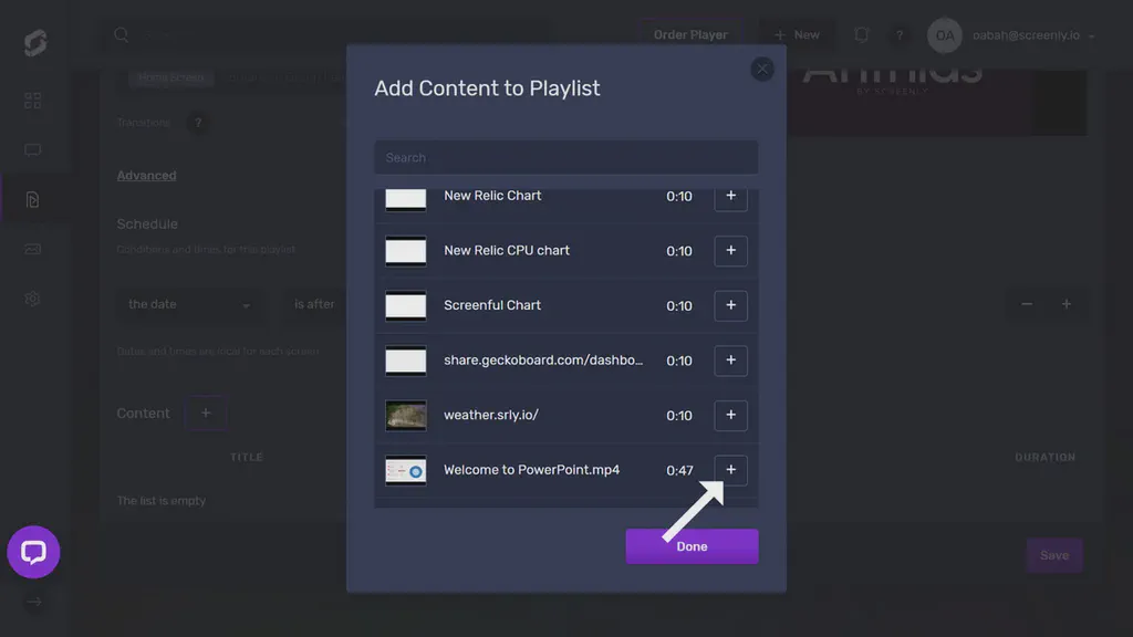 The popup modal to add the Powerpoint content to a playlist