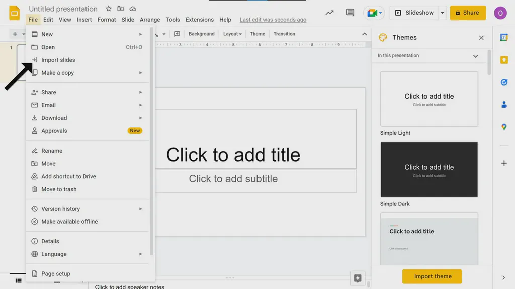 An image showing an empty Google slide with the File dropdown menu