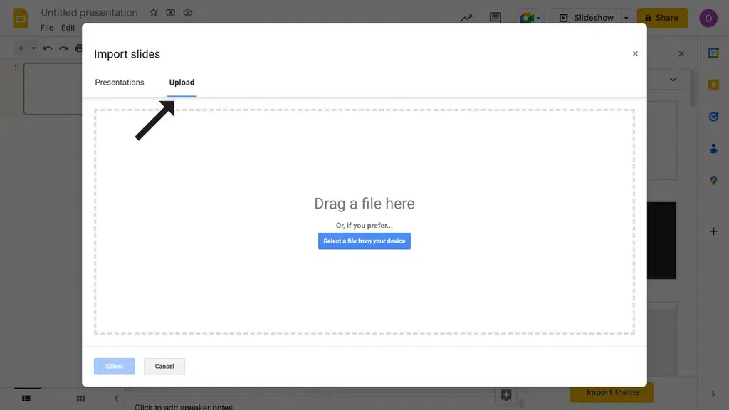 An Image showing a pop-up modal to import files from local computer into Google slides
