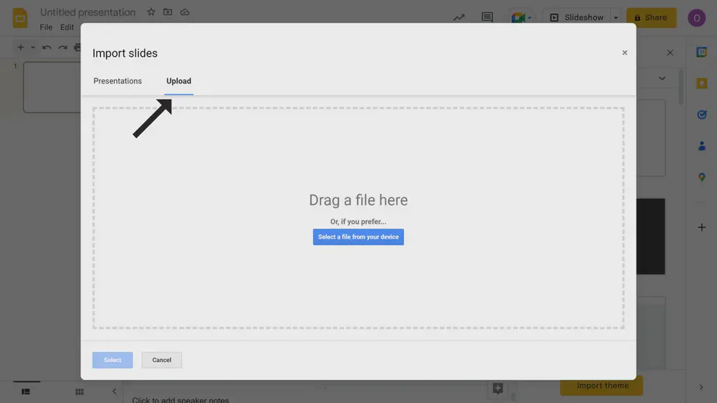 An Image showing a pop-up modal to import files from local computer into Google slides
