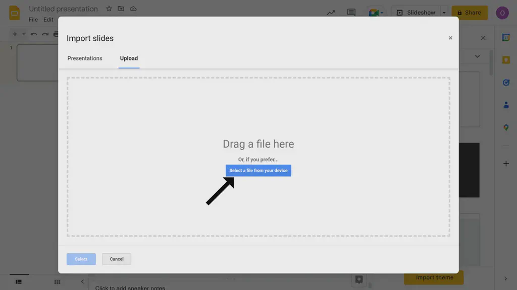 An Image showing a pop-up modal to import files from local computer into Google slides
