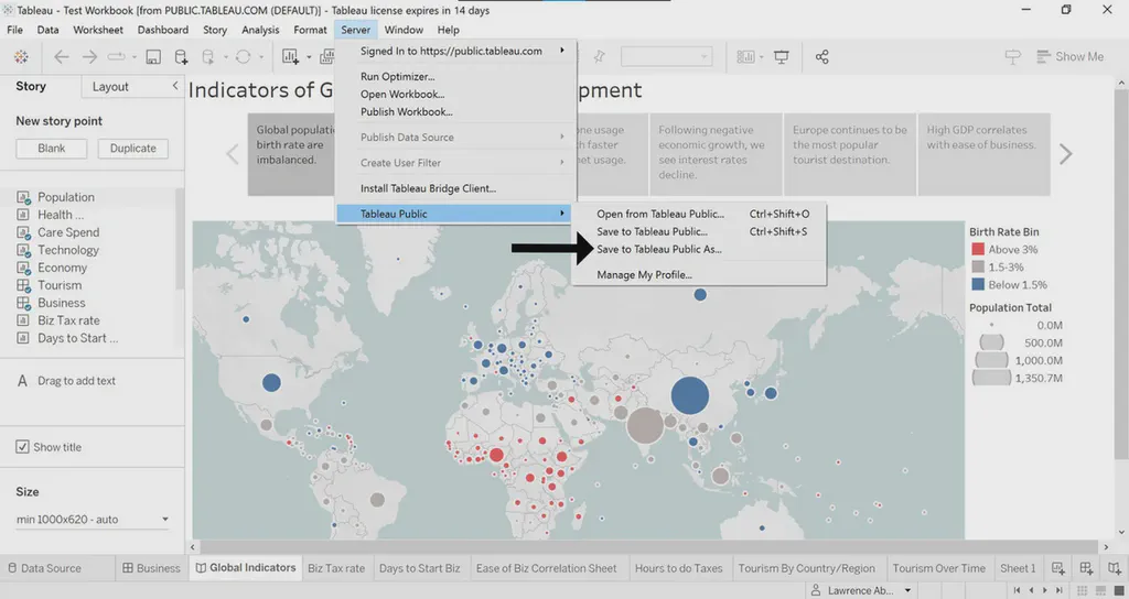 An image showing the Tableau workbook with the Server options open