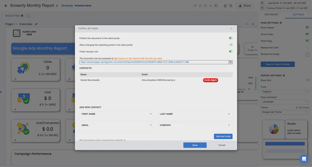 Getting the share link from the ReportGarden dashboard.