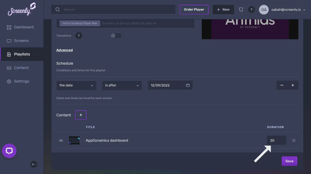 The popup modal to set the duration for the Appdynamics dashboard content in the playlist