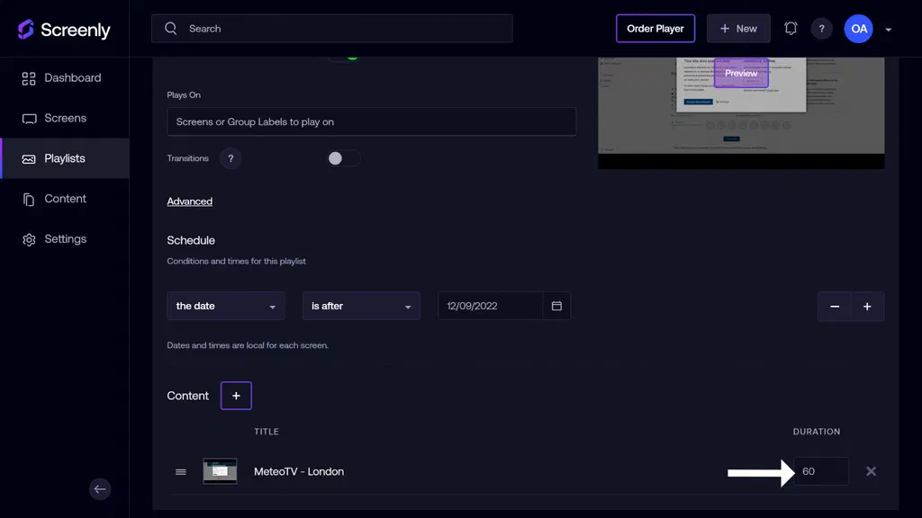 The popup modal to set the duration for the meteotv content in the playlist