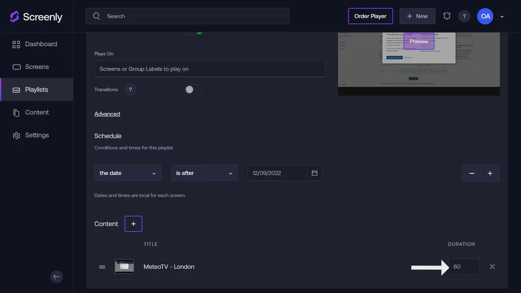 The popup modal to set the duration for the meteotv content in the playlist