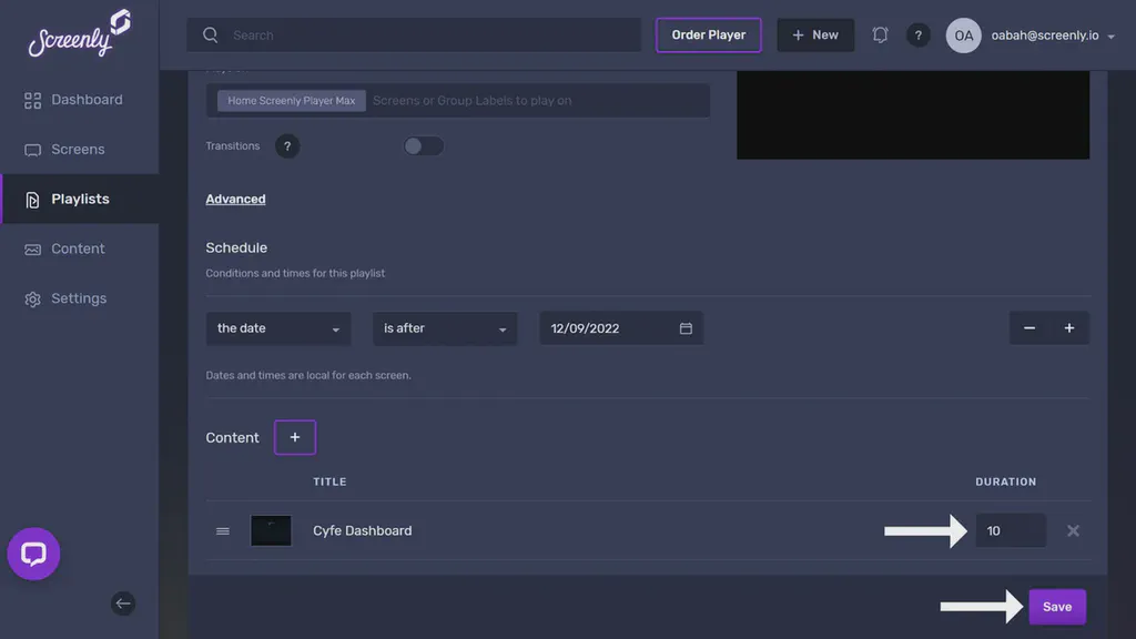The popup modal to set the duration for the Cyfe dashboard content in the playlist